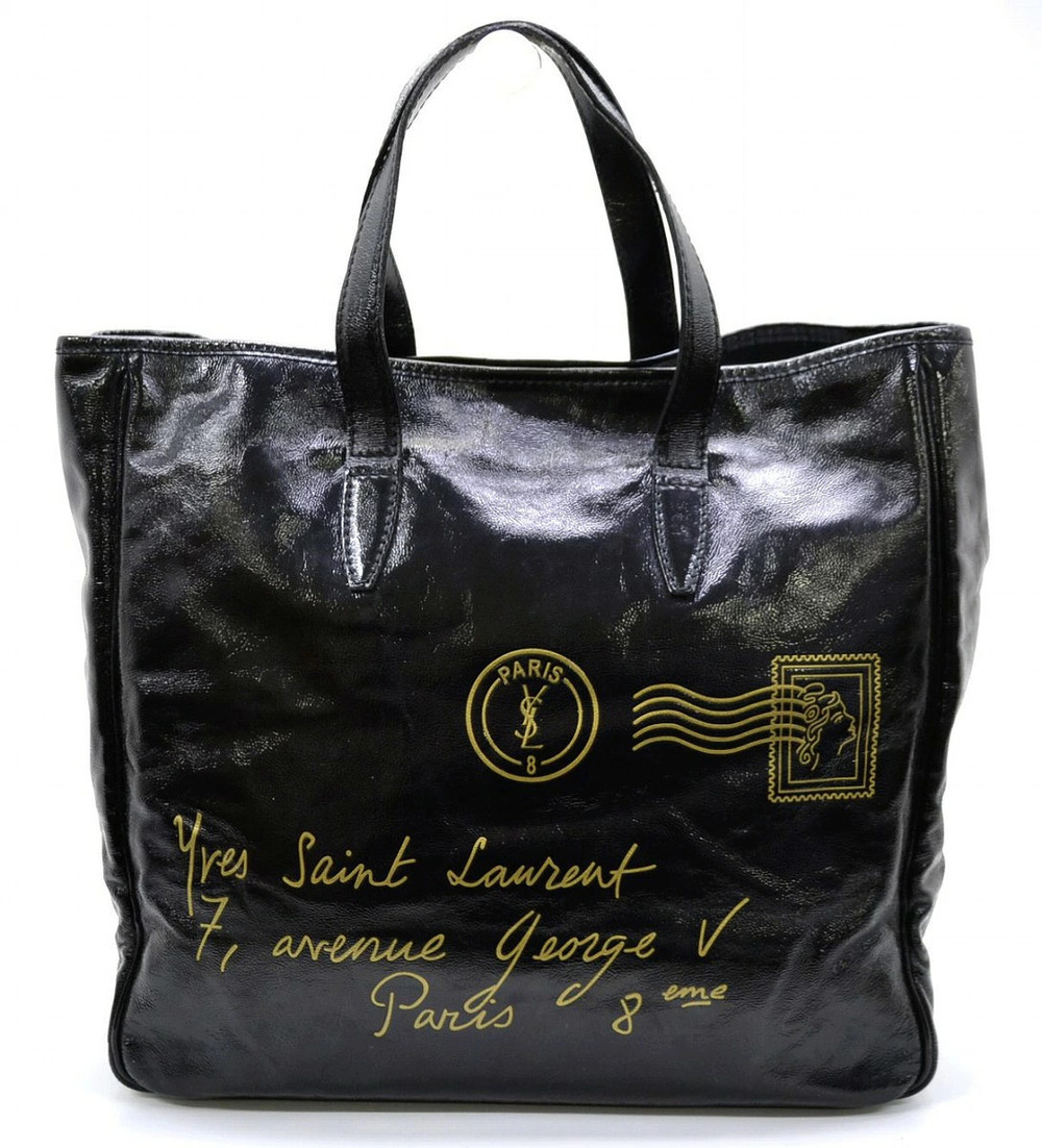 Saint Laurent Yves YSL Yves Y mail Tote Bag Shoulder Patent Vernis Leather Black